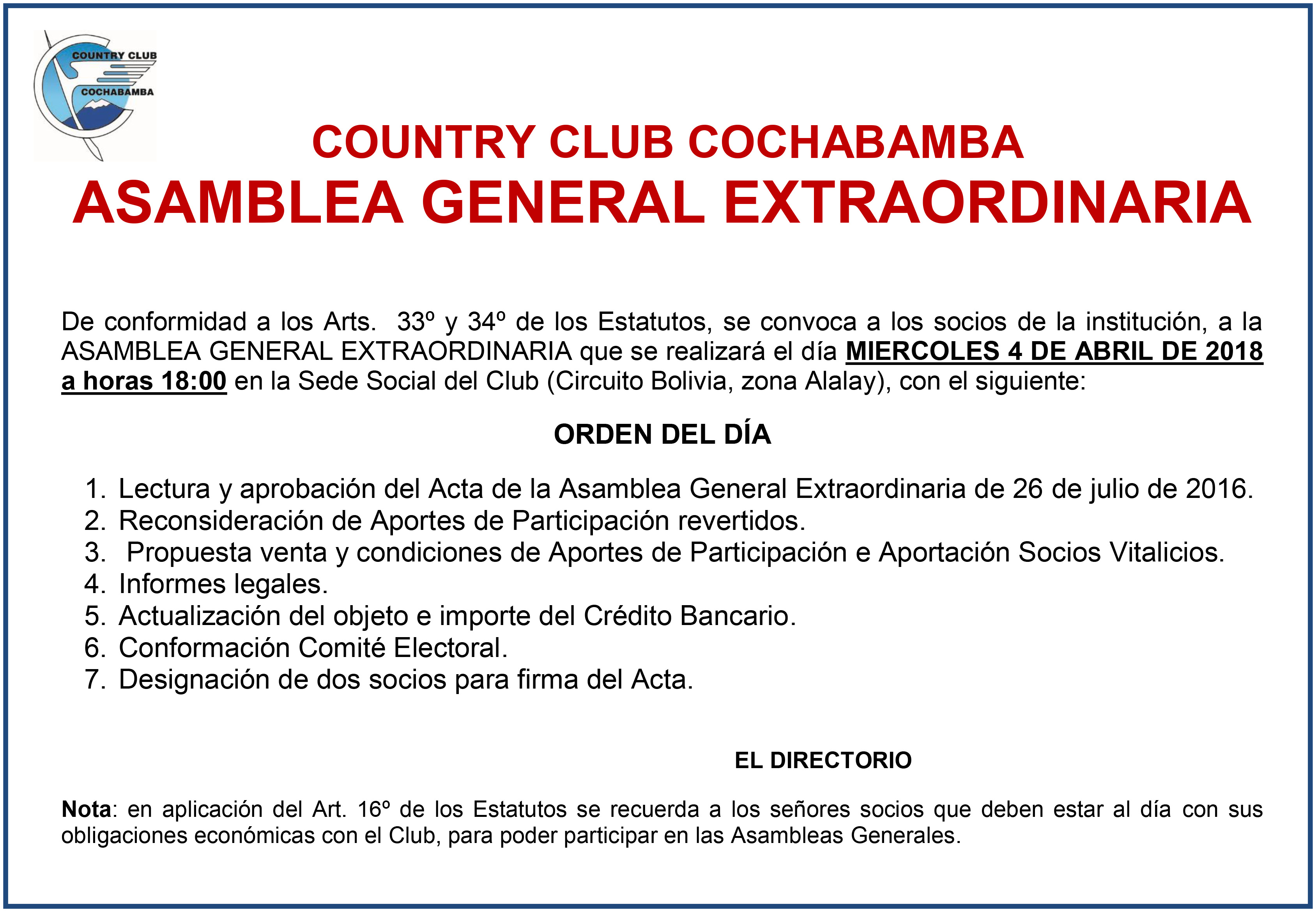 Convocatoria Asamblea General Extraordinaria | Country Club Cochabamba