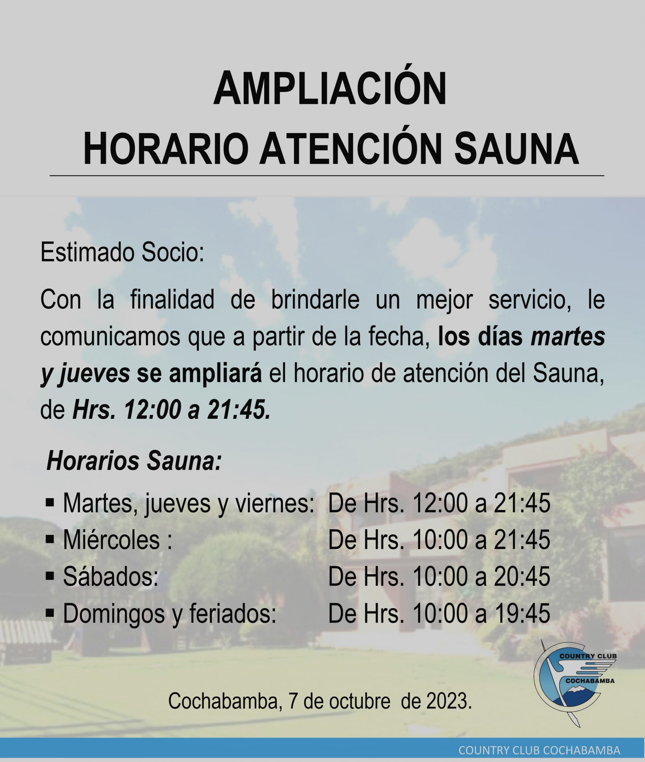 Ampliación – Horario Atención Sauna