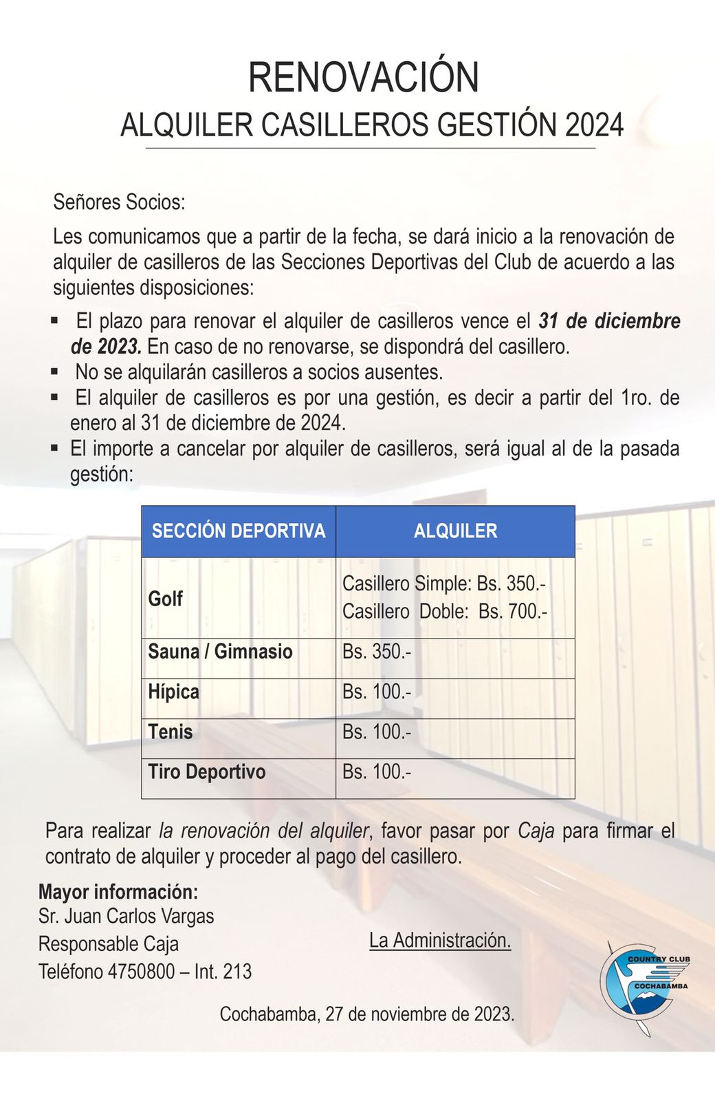 Renovación Alquiler de Casilleros Gestión 2024
